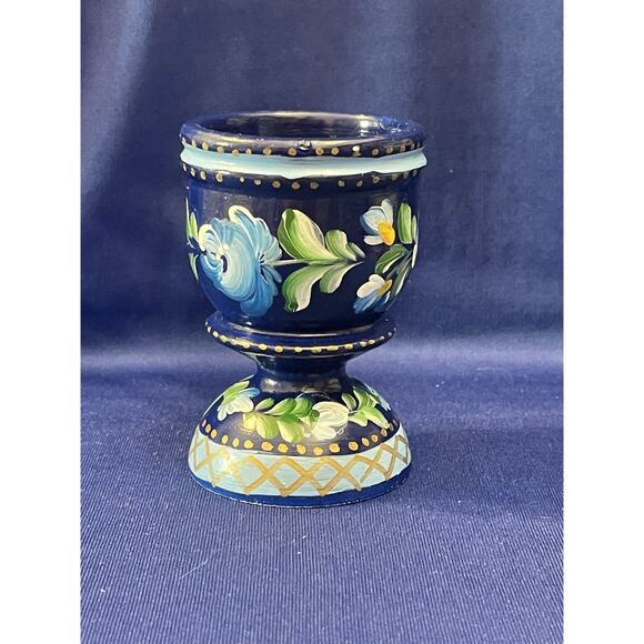 Hand Painted Wooden Cobalt Blue Egg Cup with Flowers Accents - Picture 1 of 6